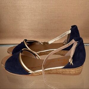 Anthropologie Navy Suede Wedge Sandals with Metallic Trim Gaimo 38 Spain